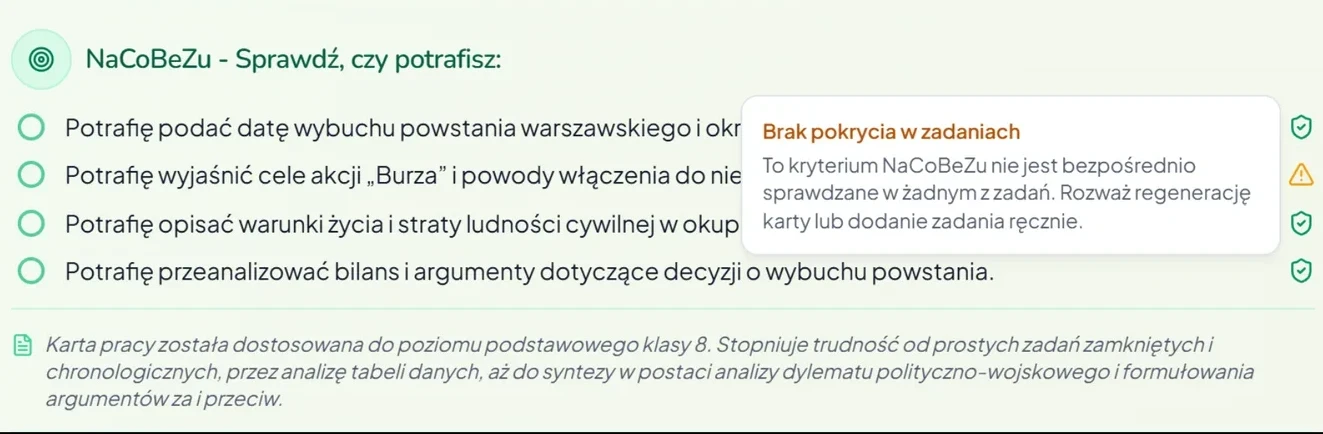 Ta sama lista kryteriów w karcie pracy z historii o powstaniu warszawskim. Przy jednym kryterium żółty trójkąt ostrzegawczy i podpowiedź „Brak pokrycia w zadaniach” z sugestią regeneracji karty lub dodania zadania ręcznie